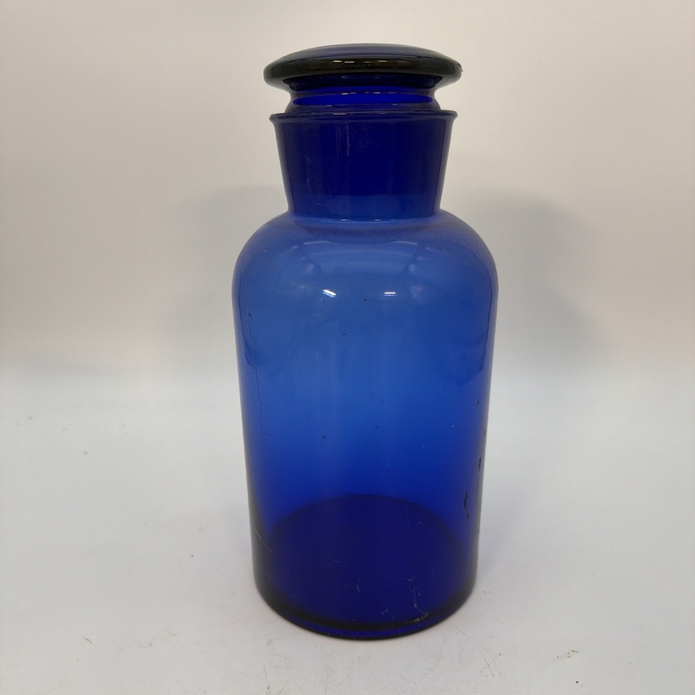 Antique Large 11-3/4" Hand Blown Cobalt Blue Glass Apothecary Jar W/ Ground Lid